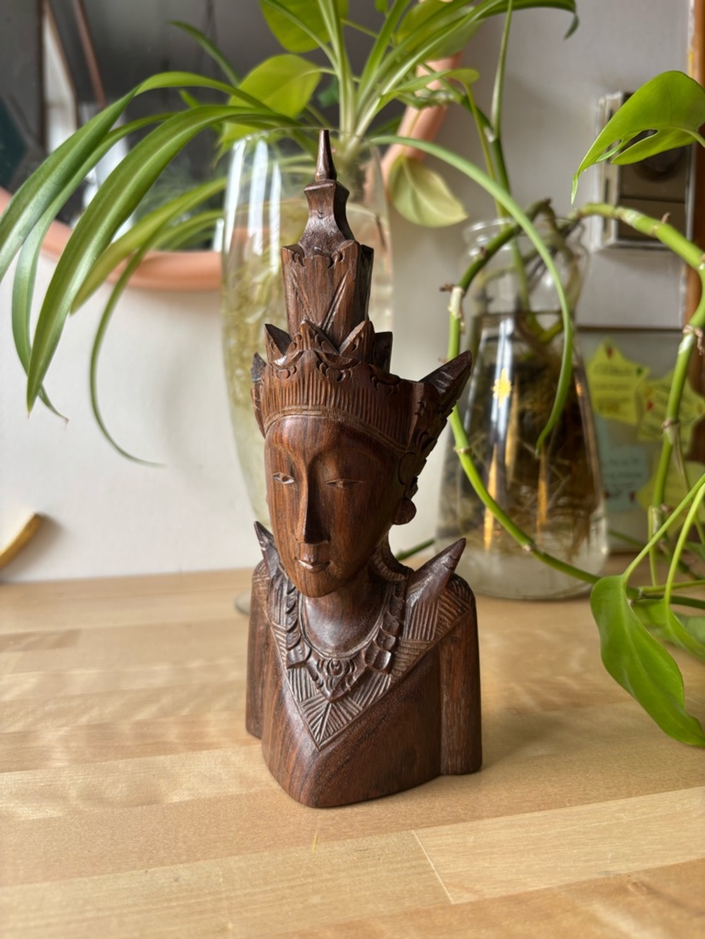 Hand-Carved Wooden Bust Sculpture Indonesia Bali Handmade Home Art Vintage Boho